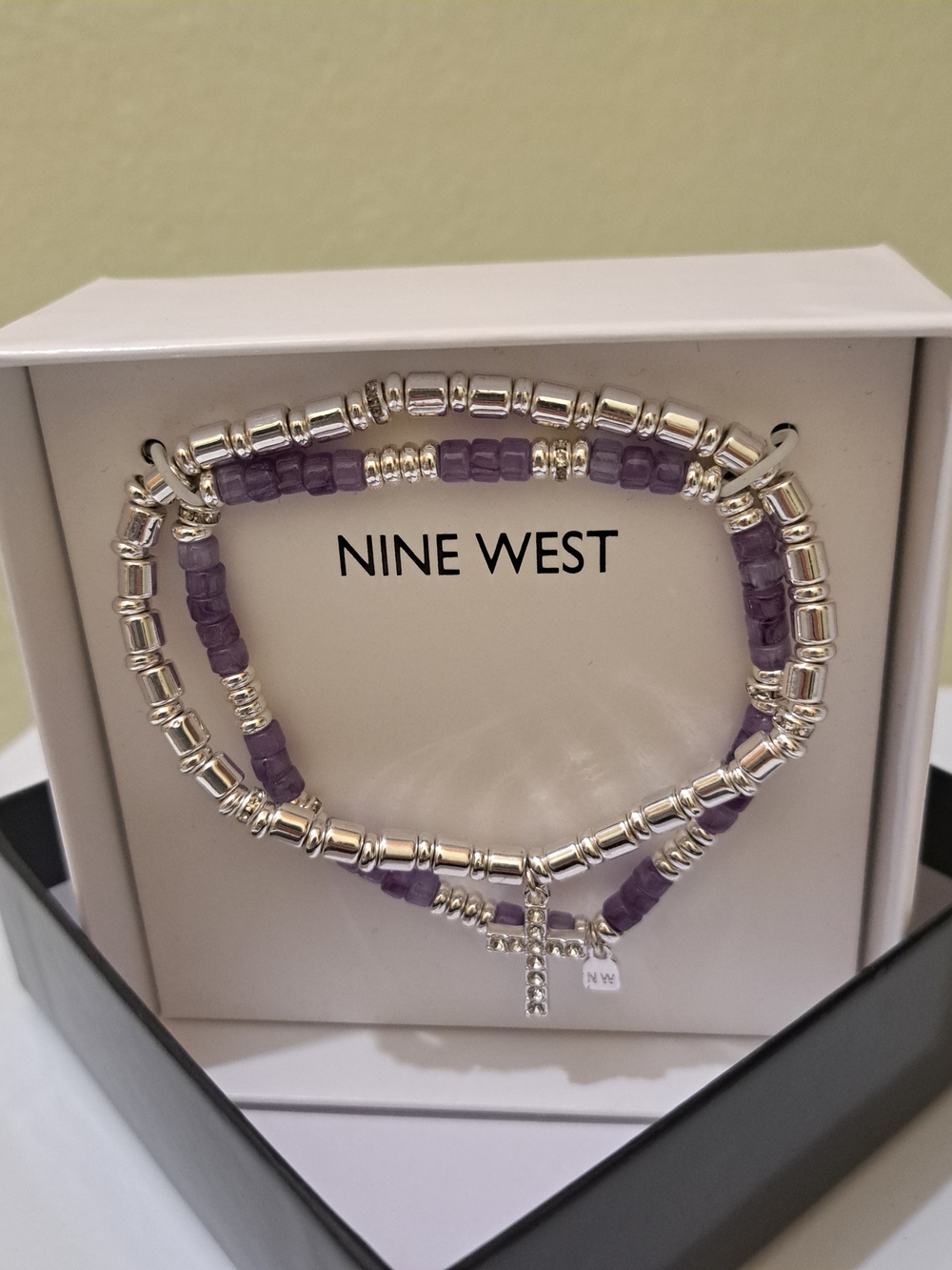 Nine West Lilac And Silver Tone Beaded Stretch Bracelet Set with Cross Charm